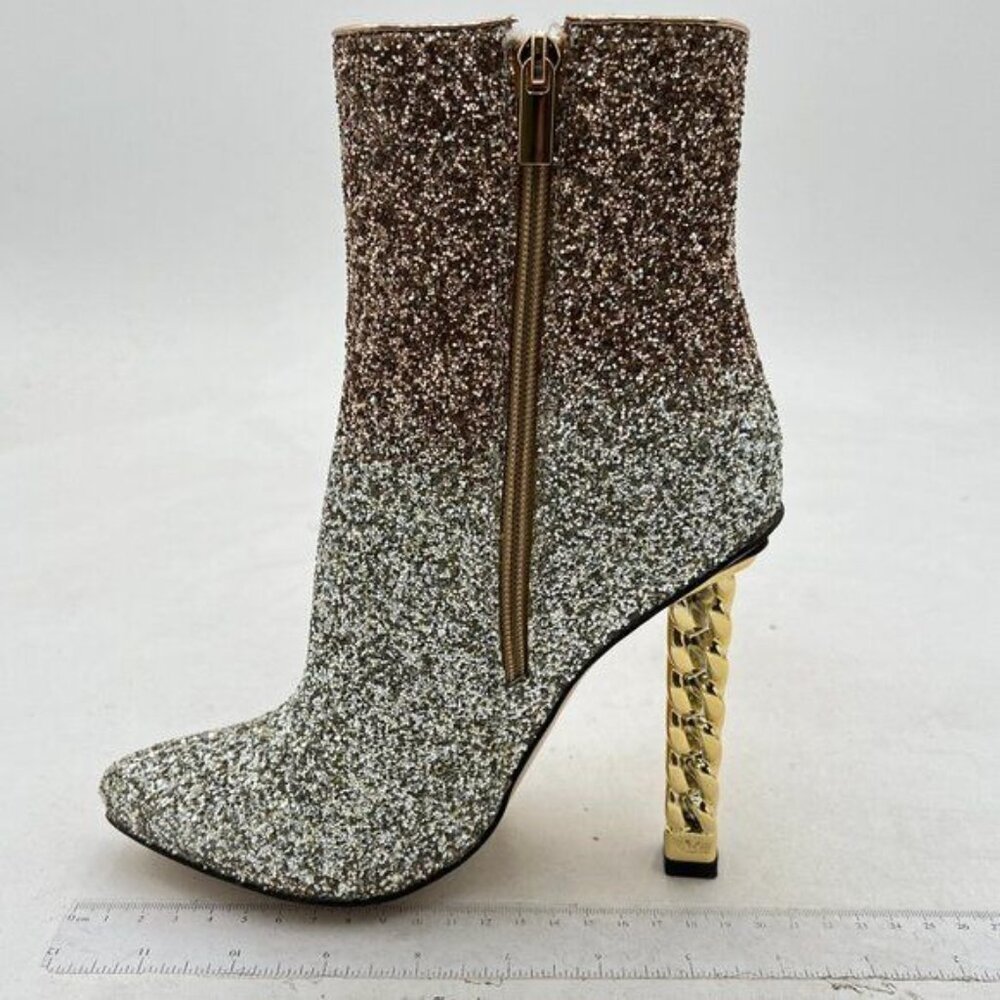 FSJ Gold-glitter Trendy Pointed Toe Ankle Boot Block Chunky Bootie Shoes